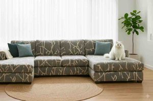 Pet- and kid-friendly sectional sofa in a Dubai home, showing durable fabric that resists stains, scratches, and pet hair, with a cat sitting on the couch.