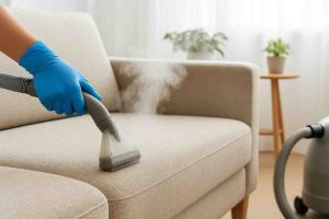 "Professional cleaner using a steam vacuum to clean a beige fabric sofa in a living room."