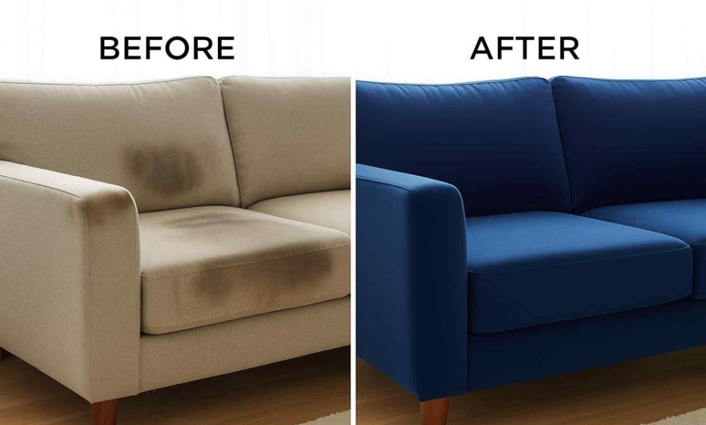 Before and after comparison of a sofa showing a stained, worn fabric replaced with fresh, clean blue upholstery