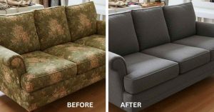 Before and after comparison of a reupholstered sofa showing transformation from an old floral fabric to a modern gray upholstery.
