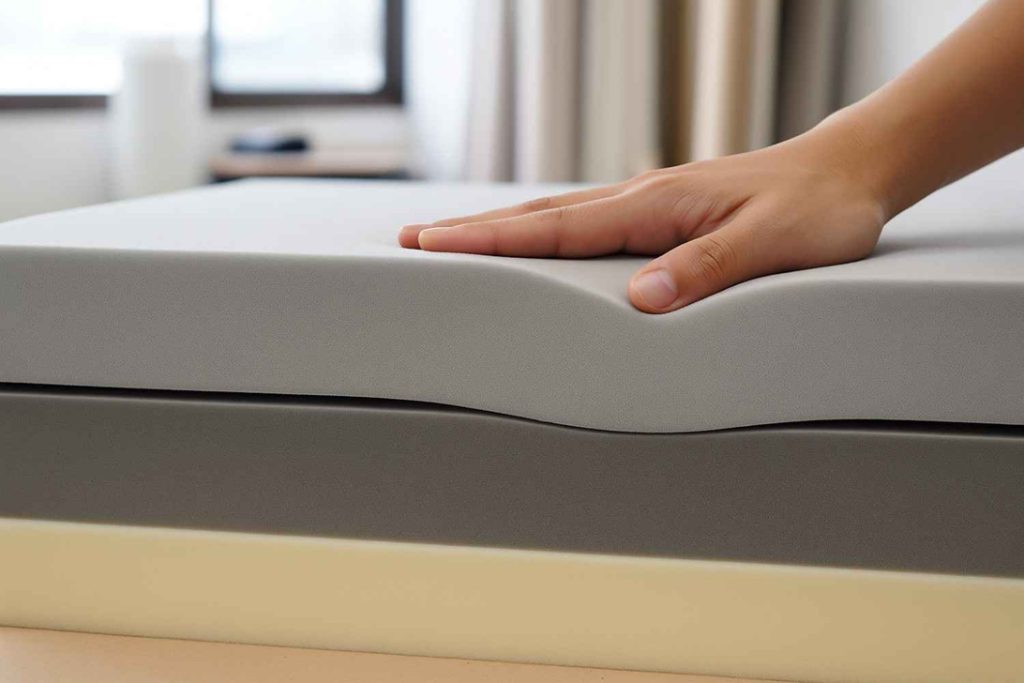 A hand pressing on a high-density foam cushion to show its firmness, support, and durability.