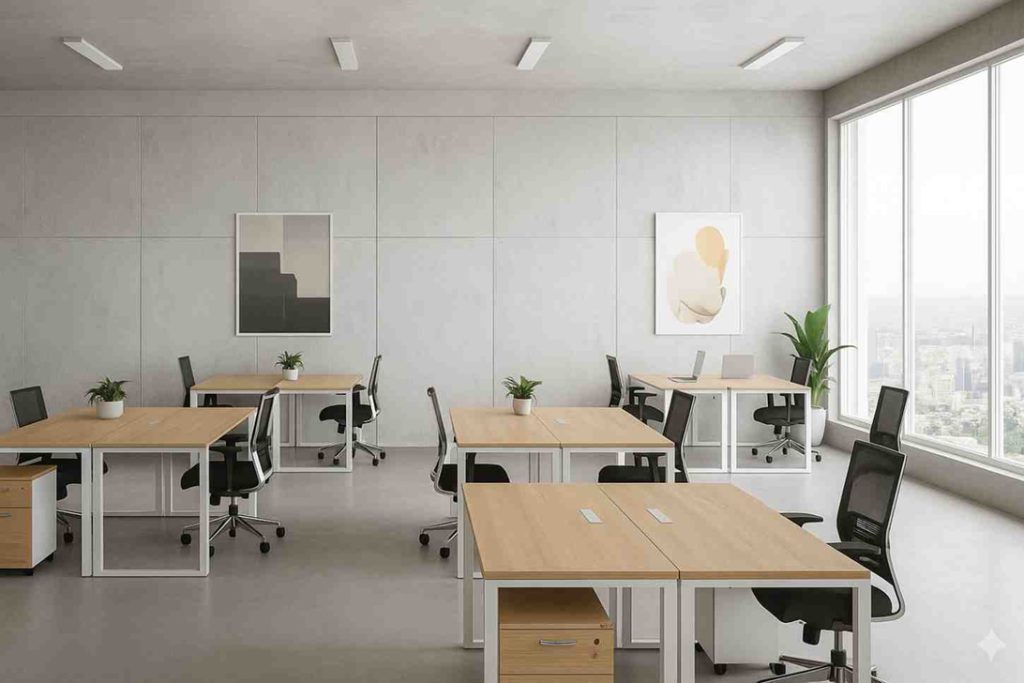 Modern open-plan office space featuring wooden workstations, ergonomic black chairs, large windows with city views, and minimal decor for a clean, professional workspace.