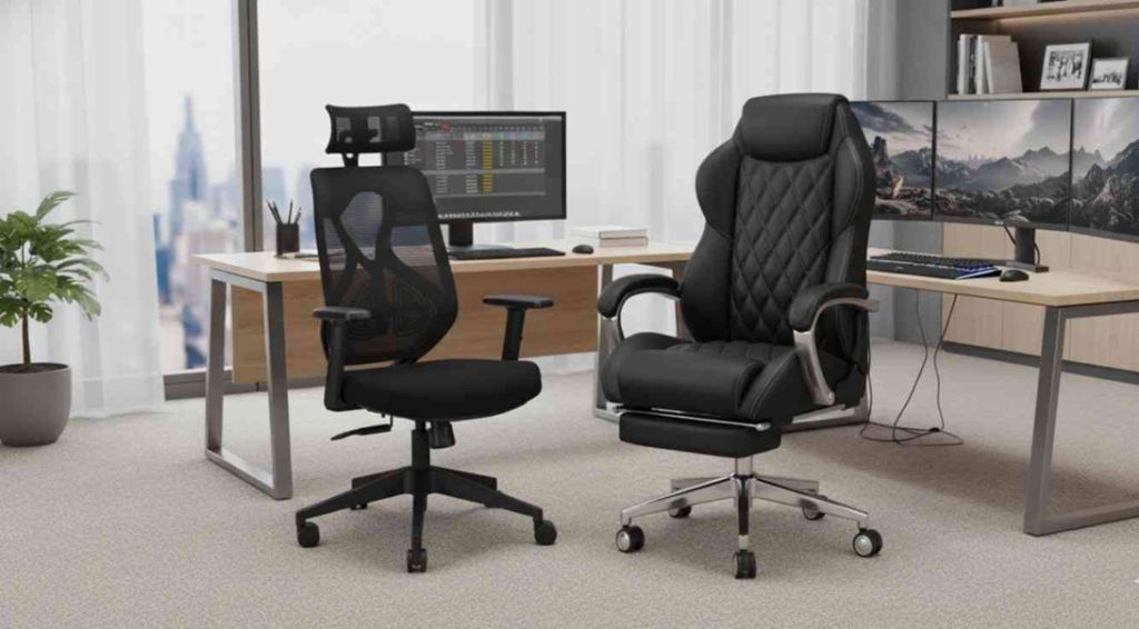 Modern office with an ergonomic mesh chair and a black leather executive chair placed near dual-monitor workstation