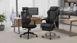 Modern office with an ergonomic mesh chair and a black leather executive chair placed near dual-monitor workstation