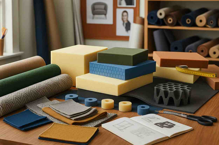 Assorted upholstery fabrics and foam blocks displayed on a worktable, showing materials used for custom cushion making and furniture upholstery.