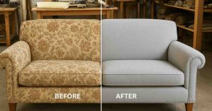 Before and after comparison of a sofa showing the transformation achieved through professional furniture reupholstery.