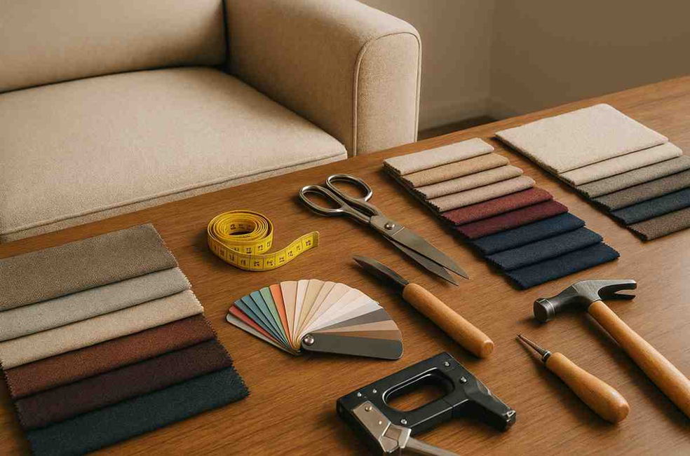 Fabric swatches, upholstery tools, and color samples arranged on a table for furniture reupholstery selection.