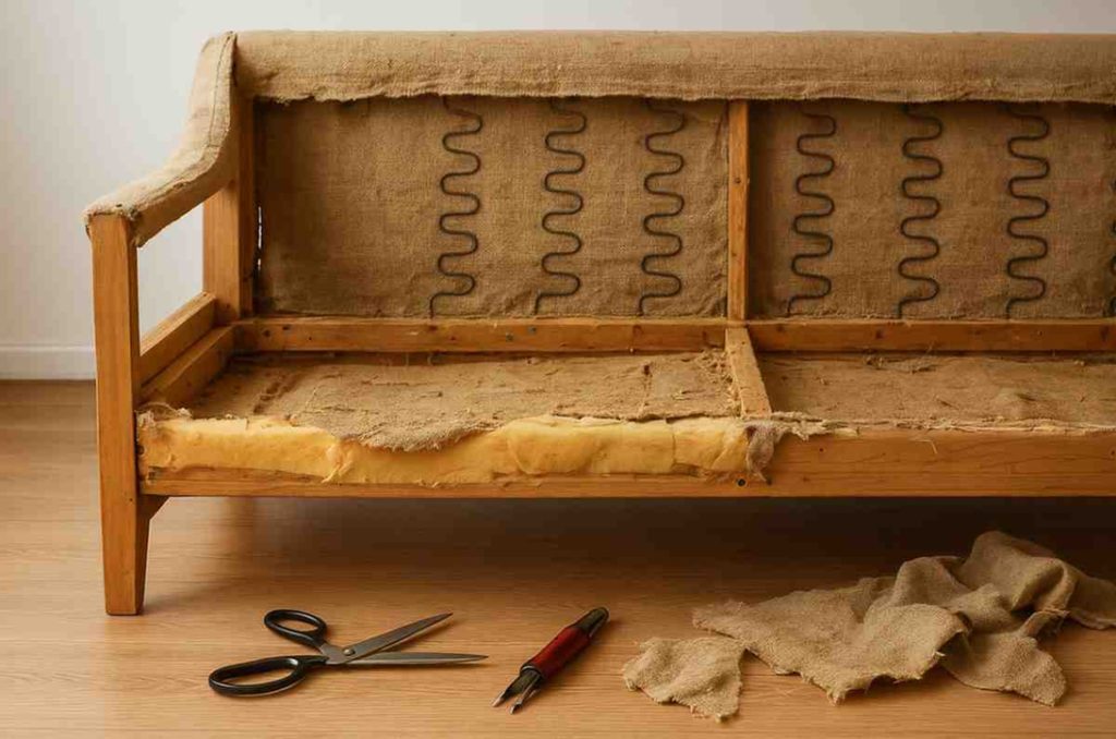 Sofa frame with old upholstery and padding removed during the furniture reupholstery process, showing springs and repair stage.