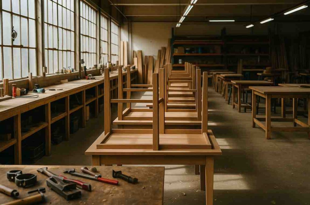 Wooden furniture frames arranged in a workshop during the inspection and repair stage of the furniture reupholstery process.