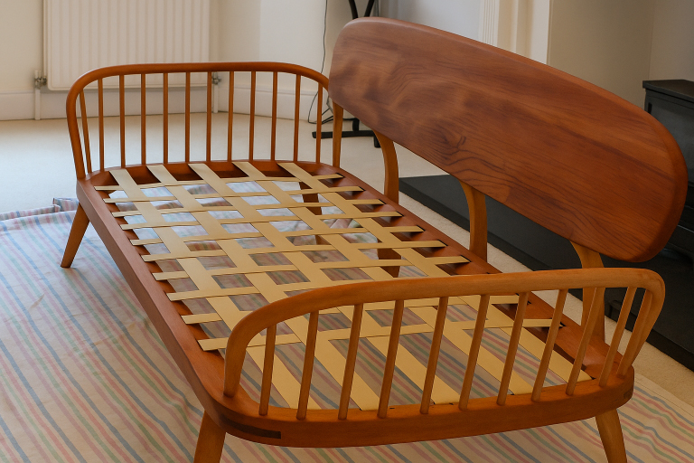 Wooden sofa frame with newly repaired webbing support during the furniture reupholstery process.