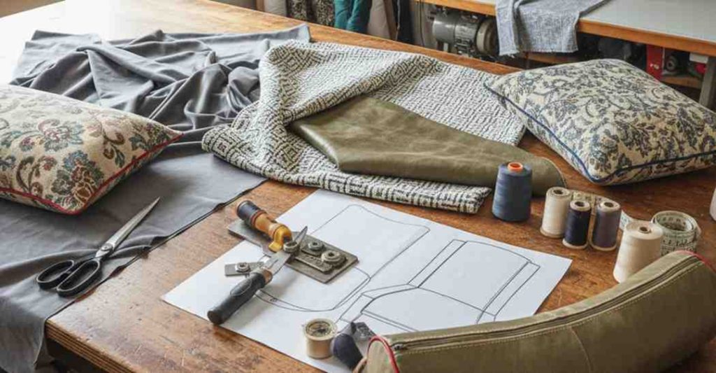 Fabric pieces, sewing tools, and stitching patterns laid out for cutting and sewing new upholstery during the furniture reupholstery process.
