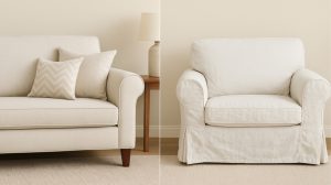 Reupholstered sofa vs slipcovered chair comparison showing different upholstery styles by Topform Furnishing Dubai.