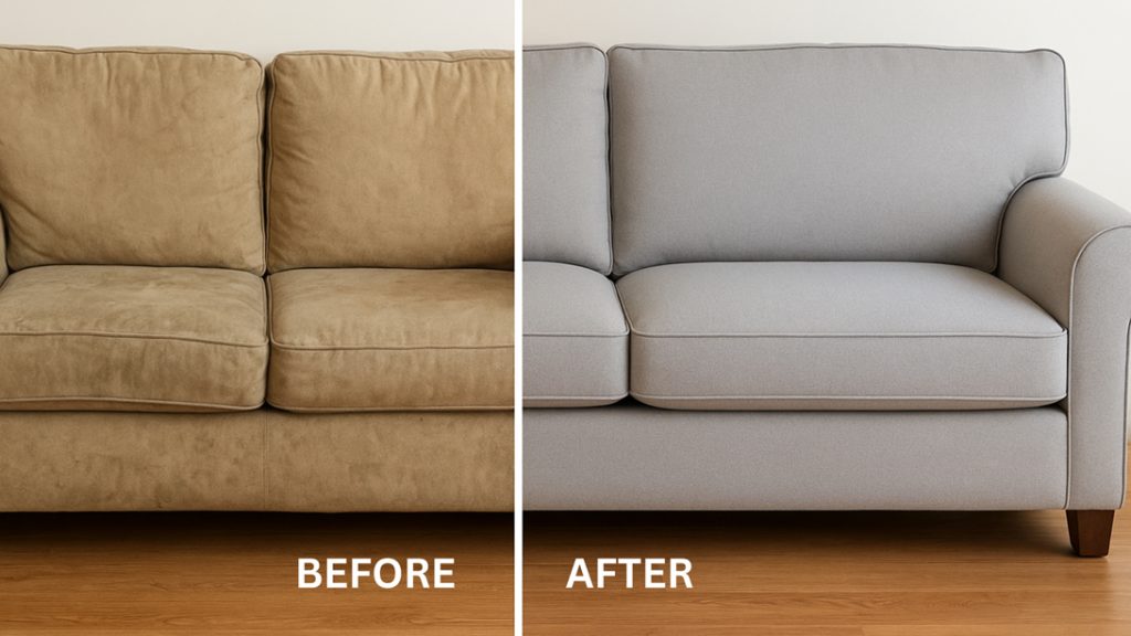 Before and after comparison of a sofa showing reupholstery transformation from worn fabric to a fresh new look.