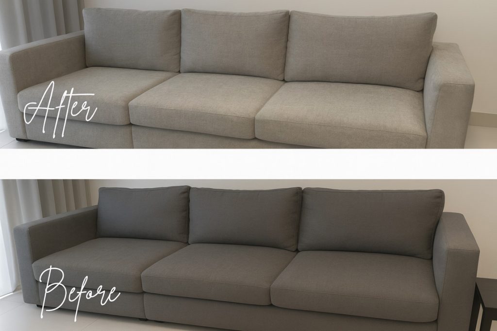 Before and after couch cushion replacement showing improved firmness, comfort, and shape on a three-seater fabric sofa in Dubai