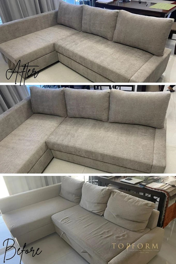 Before and after couch cushion replacement on an L-shaped fabric sofa showing improved comfort and shape
