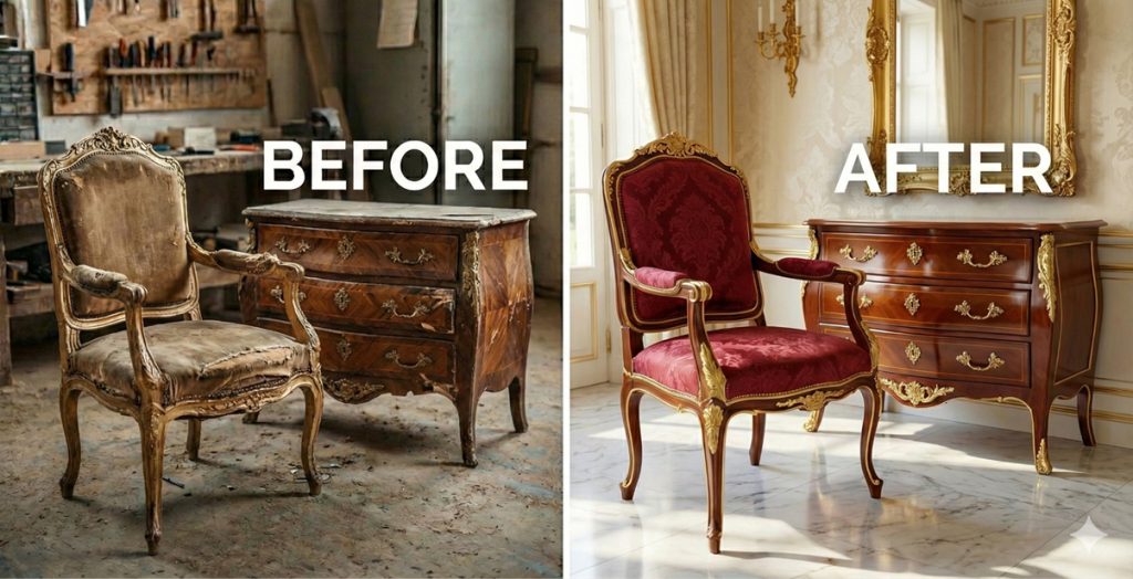 Before and after furniture repair showing an old worn armchair and dresser restored to a polished, elegant finish