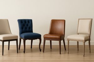 Dining chairs upholstered in modern, classic, and leather styles displayed in a neutral room setting.