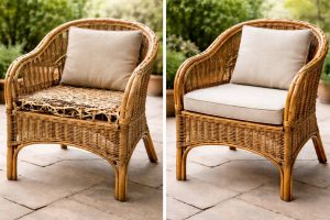 Before and after rattan furniture repair in Dubai showing restored wicker chair with new weaving and cushion