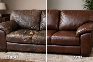 Before and after leather sofa repair showing restored cushions and finish in Dubai