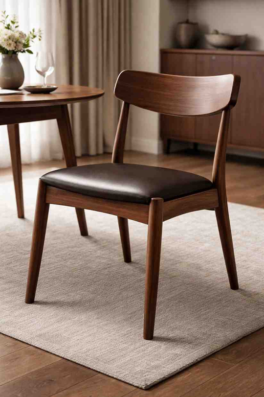 Wooden dining chair with curved backrest and dark leather upholstered seat
