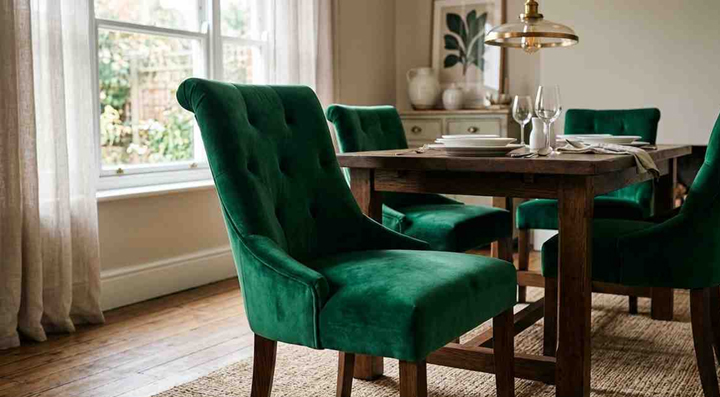 Green velvet dining chairs with soft fabric upholstery around a wooden dining table