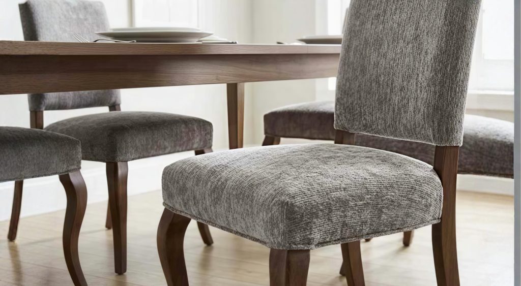 Chenille upholstered dining chairs with plush textured fabric around a wooden table