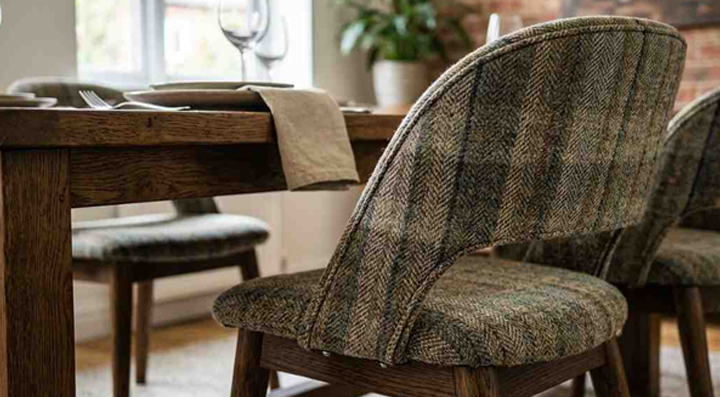 Tweed upholstered dining chairs with textured woven fabric around a wooden dining table