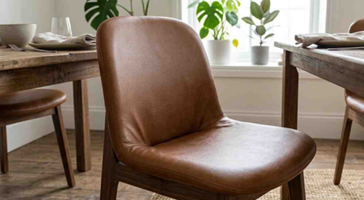 Faux leather dining chair with smooth brown finish and modern design near dining table