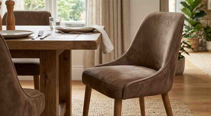 Suede dining chairs with smooth matte finish placed around a wooden dining table
