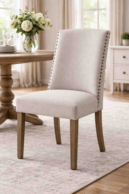 Upholstered dining chair with light fabric, padded seat, and nailhead trim details