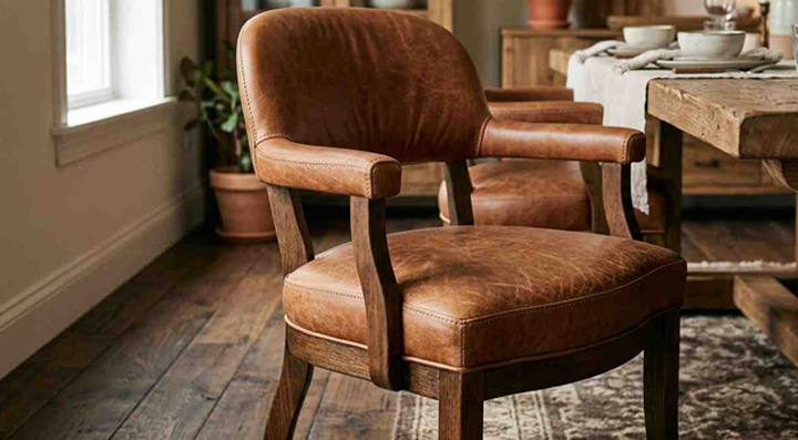 Full-grain leather dining chair with natural texture and wooden frame in dining space