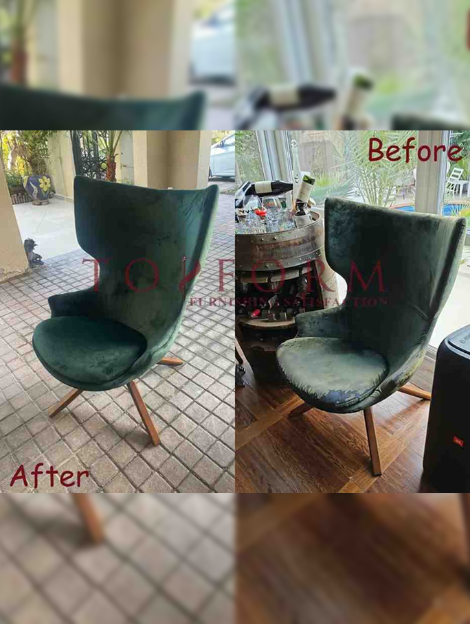 Before and after upholstered lounge chair showing fabric restoration and improved finish