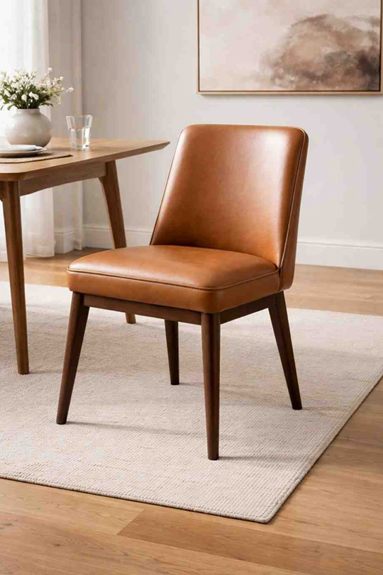 Leather dining chair with smooth brown upholstery and wooden legs