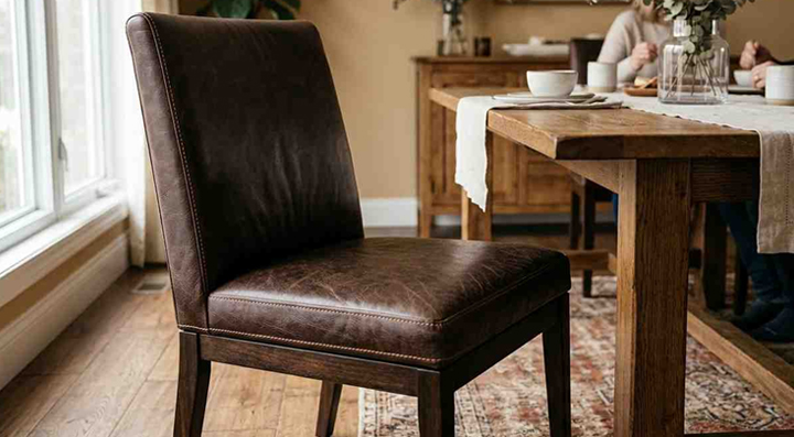 Genuine leather dining chair with dark finish and simple design beside dining table