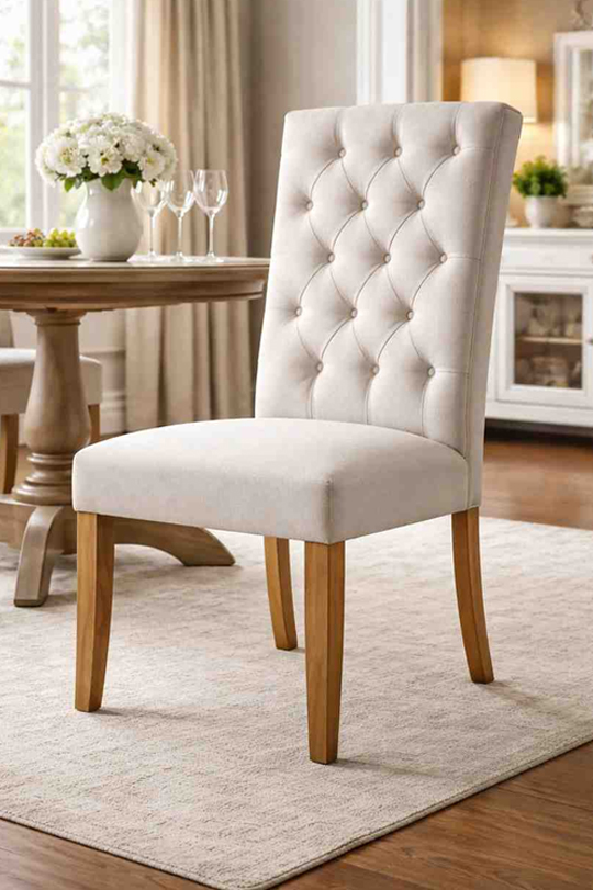 High-back dining chair with tufted fabric upholstery and padded seat with wooden legs