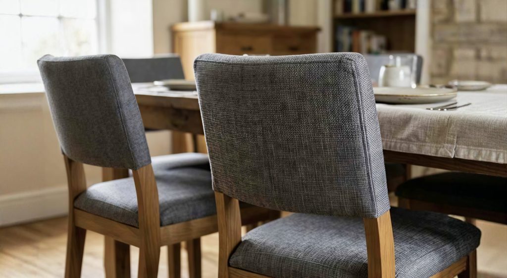 Polyester upholstered dining chairs with textured fabric around a wooden dining table