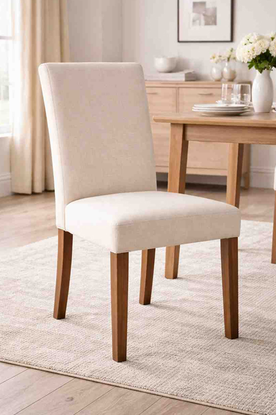 Parsons dining chair with simple fabric upholstery, straight back, and wooden legs