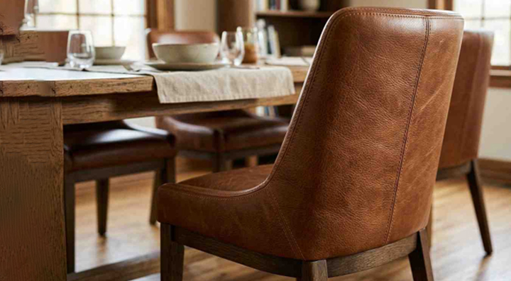 Top-grain leather dining chair with smooth finish and elegant design near dining table