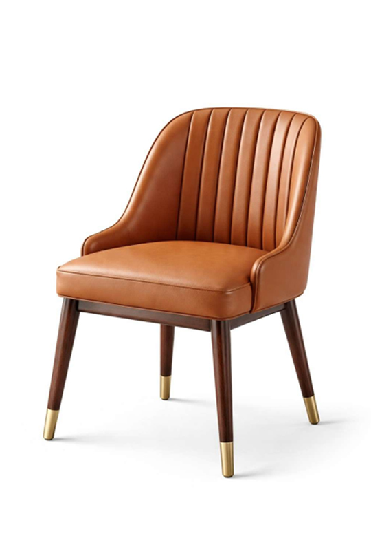 Restaurant dining chair with brown leather upholstery, curved backrest, and wooden legs with metal caps