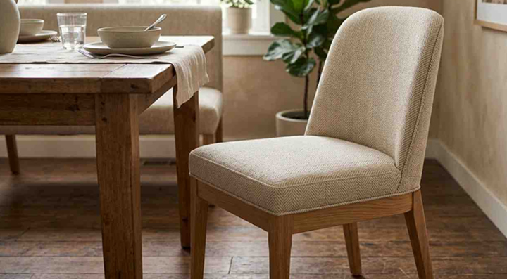 Cotton upholstered dining chair with soft fabric and wooden legs beside dining table