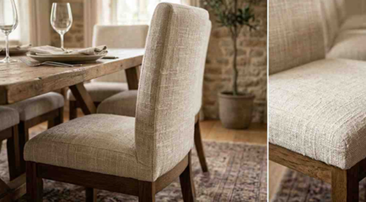 Linen dining chair with light textured fabric and natural finish in dining setting