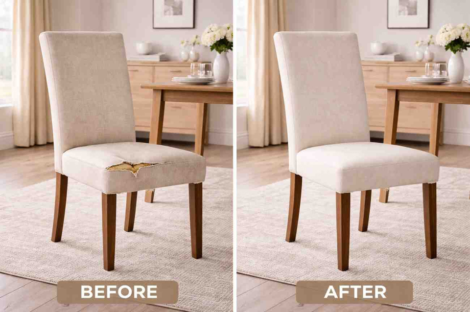 Before and after dining chair upholstery showing damaged seat repaired with new fabric and restored finish