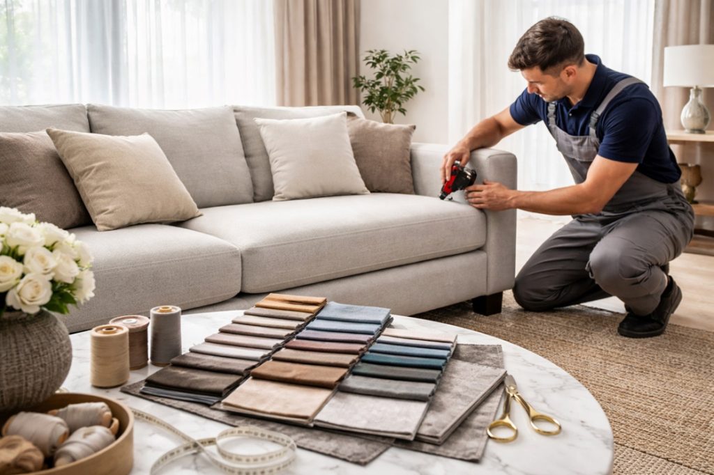 Sofa upholstery repairing in Dubai with fabric selection and on-site repair