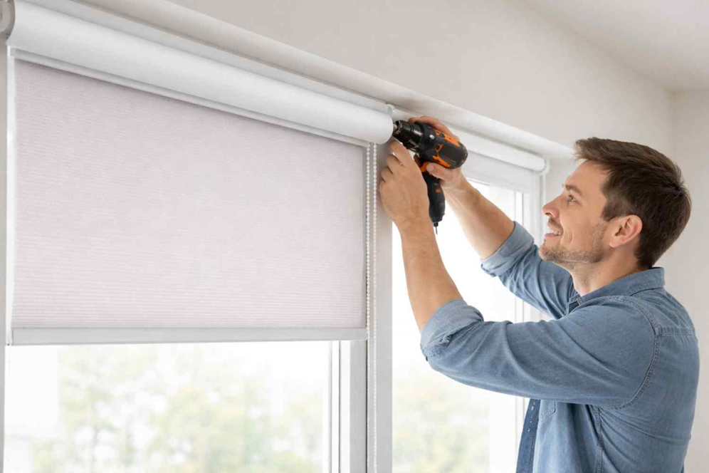 Professional roller blinds installation in Dubai showing technician fixing a window blind for smooth light and privacy control