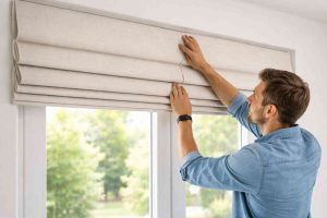 Professional installing Roman blinds on a window in a modern Dubai home for stylish light control and privacy