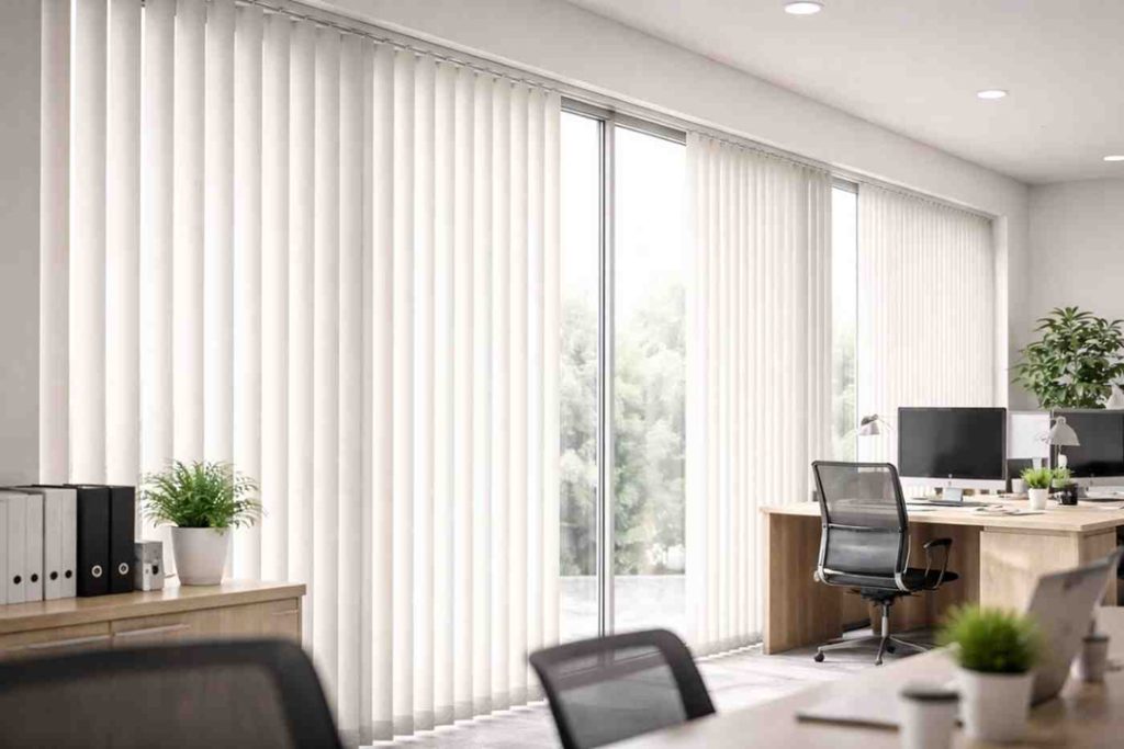 Vertical blinds installed in a modern Dubai office, providing natural light control and privacy for large glass windows.