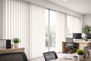 Vertical blinds installed in a modern Dubai office, providing natural light control and privacy for large glass windows.