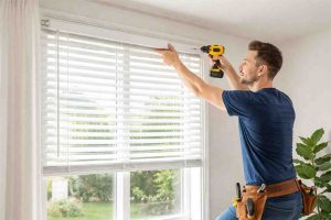 Professional installing white Venetian blinds on a window in a Dubai home