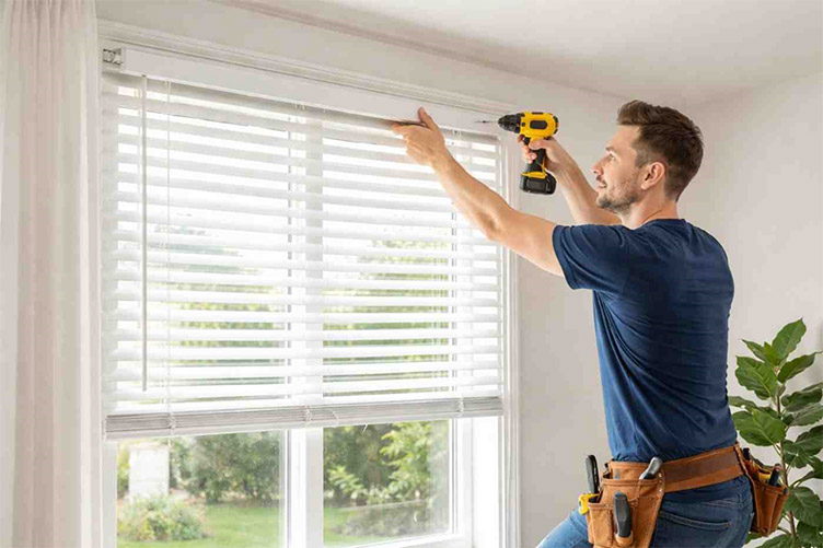 Professional installing white Venetian blinds on a window in a Dubai home