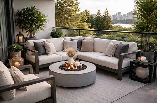 Stylish balcony seating with plush outdoor cushions and modern furniture